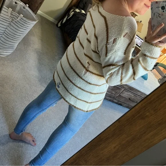 Distressed White & Brown Striped Sweater - Picture 5 of 8